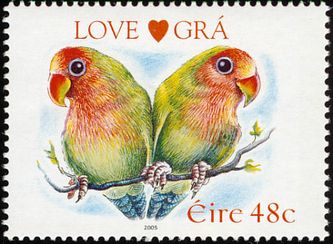 Den Rosenhovedet dværgpapegøje (Agapornis r. roseicollis) er så populær, at selv et land i Nordeuropa, nemlig Irland, i 2005 udgav dette frimærke med et motiv af denne art