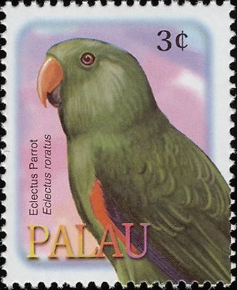 Palau, hvortil Ædelpapegøjen er indført af mennesker, har udgivet indtil flere frimærker med Ædelpapegøjen som motiv, her er motivet en ret vellignende hanfugl