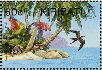 Republikken, Kiribati, der er et andet ørige i Stillehavet har også udgivet et meget flot frimærke med et par flyvende Ædelpapegøjer samt en Stor Fregatfugl (Fregata minor (burde egentlig være ”major”)). Landet består af 33 øer, som er spredt over 3.800 kilometer omkring ækvator. Kiribati er det mikronesiske navn for det tidligere engelske navn for den store gruppe af øerne, the Gilbert Islands. Kiribati ligger lige vest for datolinjen, og er derfor de første til at fejre nytår ifølge vores almindelige Gregorianske kalender