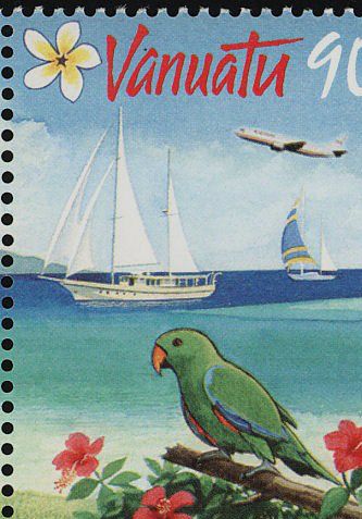 I 1994 udgav det eksotiske ”Bounty Land”, Vanuatu, dette frimærke, som viser en Ædelpapegøje-han. Vanuatu er en stat i Stillehavet i Oceanien, beliggende ca. 1.750 km øst for Australien, 500 km nordøst for Ny Caledonien, vest for Fiji og syd for Solomon øerne. Vanuatu, der har over 200.000 indbyggere, er en tidligere engelsk og fransk koloni og kaldtes i kolonitiden for Ny Hebriderne.
Det helt specielle ved denne ø - samt øen Tonga og muligvis Fiji - er, at der her har levet en for fugleholdere – på artsniveau - totalt ukendt form for Ædelpapegøje, nemlig den Oceaniske Ædelpapegøje (Eclectus infectus), som er uddød. Dens eneste slægtninge er de nulevende former af Ædelpapegøjer (Eclectus roratus). Den Oceaniske Ædelpapegøje havde proportionalt mindre vinger end de nulevende Ædelpapegøje-former. I november 1989 blev der udgravet fossilt materiale fra slutningen af Pleistocæn- og Holocæn-tiden på bl.a. Vanuatu. Resultatet af disse udgravninger er nærmere beskrevet af den amerikanske ornitolog David William Steadman fra Florida Museum of Natural History i 2006, der bl.a. redegør for fuglens knoglebygning. Det menes, at den Oceaniske Ædelpapegøje uddøde på Tonga allerede for ca. 3.000 år siden, formentlig som følge af menneskeskabte faktorer (ødelagte habitater, jagt og indførsel af fremmede arter). På nogen af levestederne menes arten at have overlevet ind i historisk tid, fordi der blandt de tegninger, som blev skabt i 1793 under Alessandro Malaspina’s Stillehavsekspedition, var en skitse, der formodes at være motivet af den Oceaniske Ædelpapegøje (Eclectus infectus)